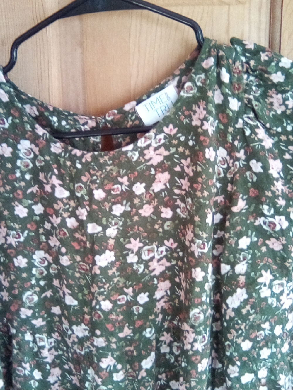 Time and Tru Olive Green Floral Top with Pink and Cream Blooms